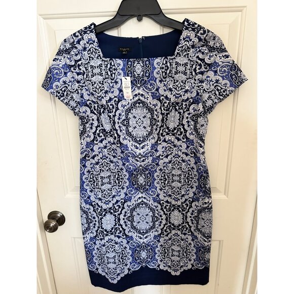NWT Talbots Blue & White Paisley Print Sheath Dress 10P Petite Officecore Preppy - Picture 2 of 10